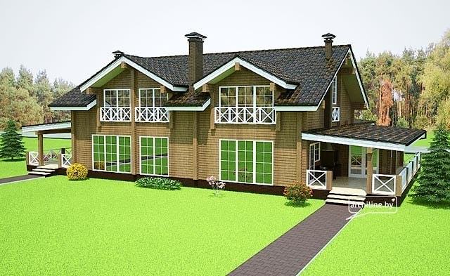 Проекты домов: дом на две семьи с гаражом из бруса, монтаж под ключ, проект фундамента, проект «Родовое поместье» - цена по запросу