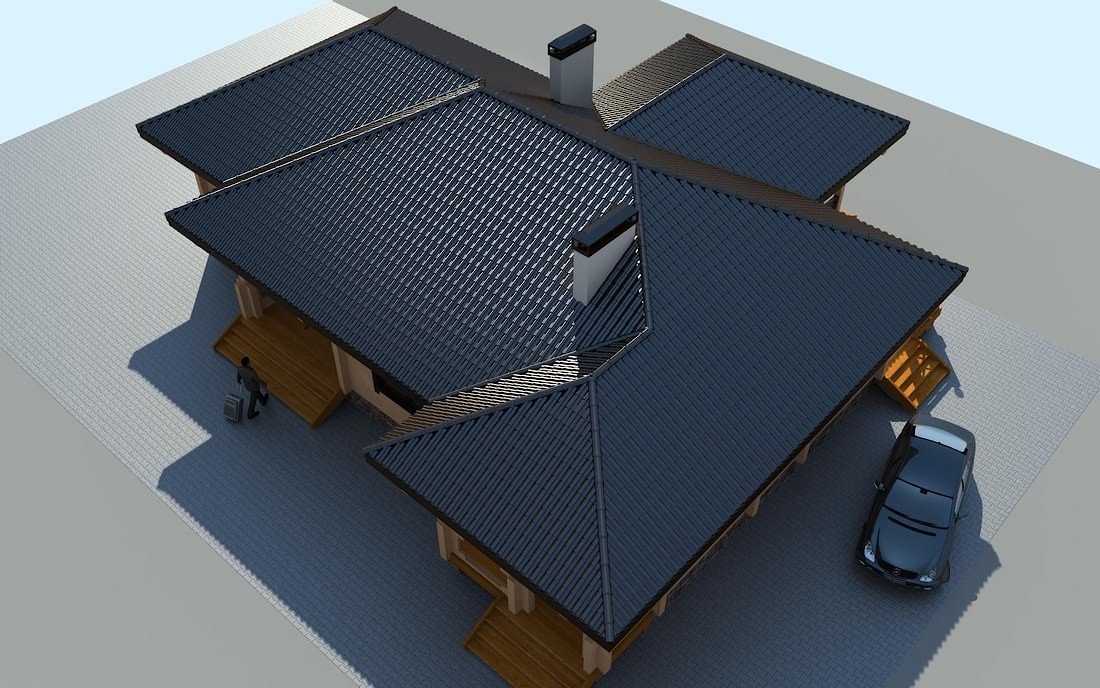 Одноэтажный дом из клееного бруса с многоскатной крышей, проект "Гуд Вуд" 