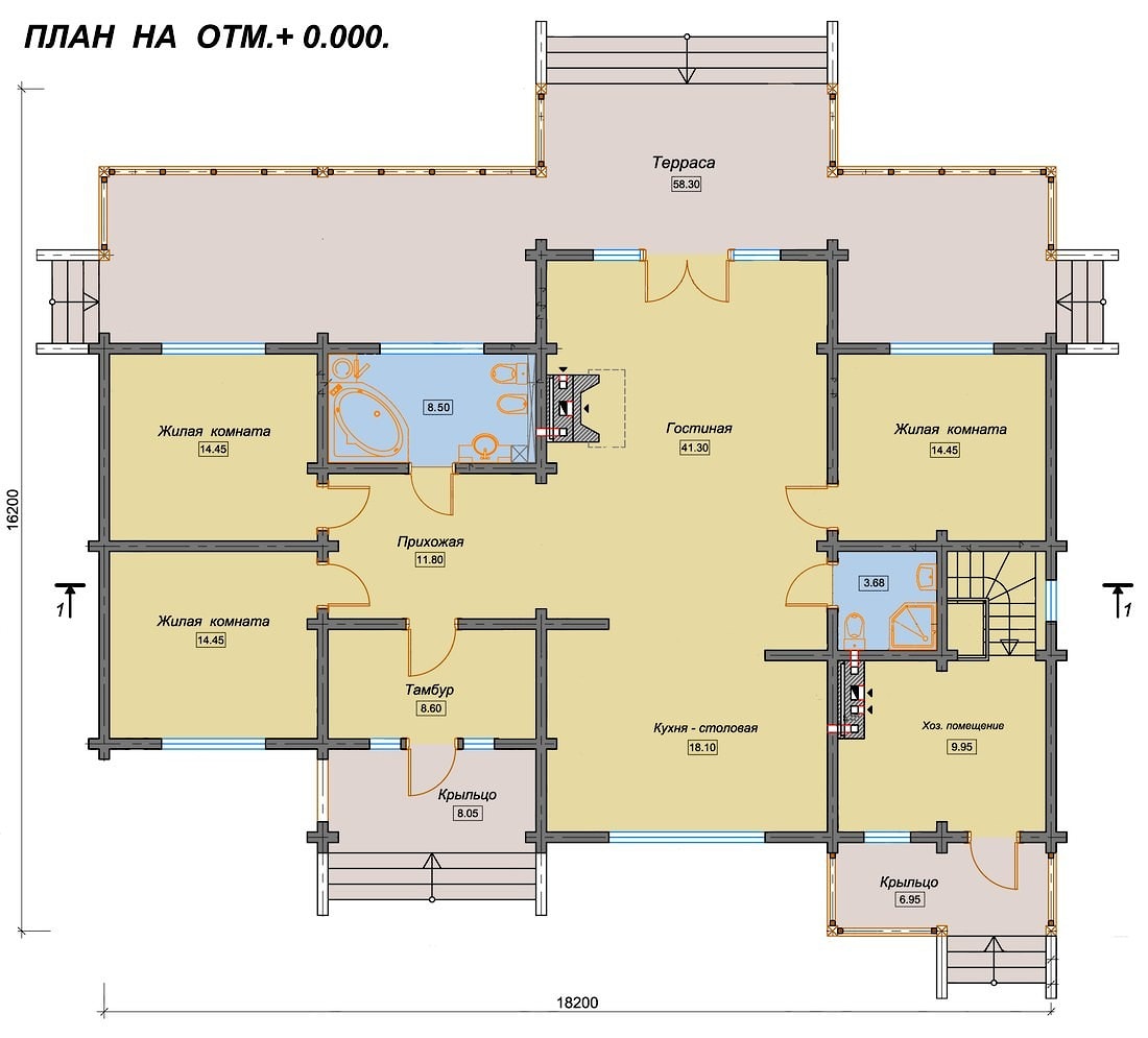 Одноэтажный дом из клееного бруса с многоскатной крышей, проект "Гуд Вуд"