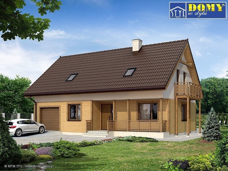 Проект Жилой дом с мансардой и гаражом из круглого бревна Wiśnia dr-ST - 139 м2  