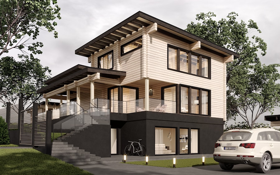 Деревянный дом с плоской кровлей из клееного бруса, проект 269 м²